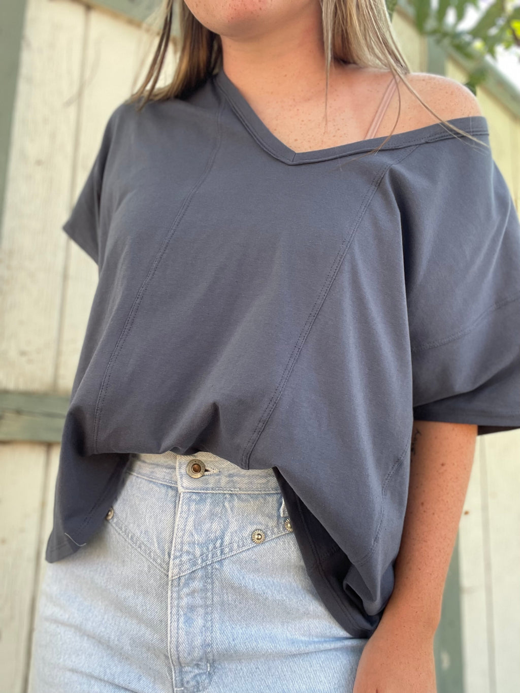 The Bronco V Neck in Dusty Blue